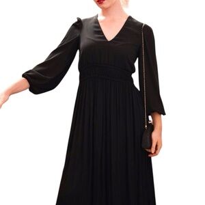 Black Pleated Tiered Gown with Bishop Sleeves